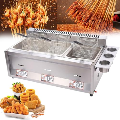 QYLTTDM Professionelle Lpg-Gas-Fritteuse, Kommerzielle Lpg-Gas-Fritteuse Auf Der Arbeitsplatte, Einstellbare Feuerkraft Und Temperaturregelung, Mit 10 L X 3 Edelstahl-Friteusenkorb Und Deckel
