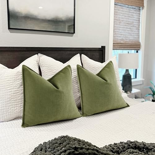 ZWJD Olive Green Pillow Covers 16x16 Set of 2 Chenille Throw Pillow Covers with Elegant Design Soft and Luxurious Decorative Throw Pillows for Couch, Bed, and Home Decor