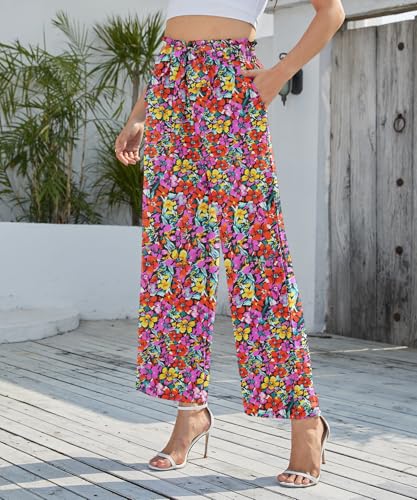 NILOUFO Women's Casual Wide Leg Pants High Waisted Lightweight Loose Long Trousers with Pockets Adjustable Tie Knot3