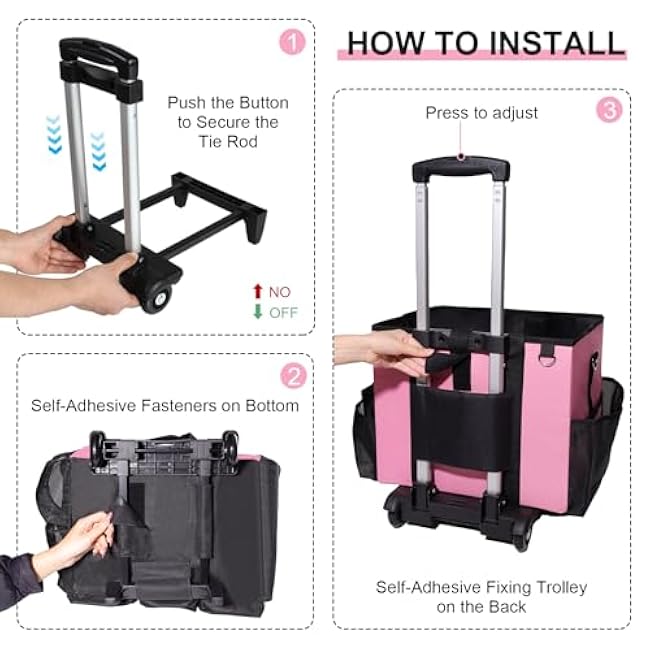 Large Rolling Cleaning Caddy Bag with Wheels, with Detachable Trolley, Cleaning Bags on Wheels for Housekeepers, Cleaning Cart Supplies Organizer for Home, Car, Picnic (Pink)