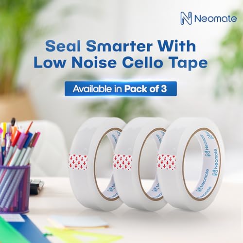 Image of Neomate Low Noise Cello Tape | 1 Inch (24mm x 65m), Transparent | Set of 3 | Multipurpose Adhesive Tape for Office, Home, and Craft Projects