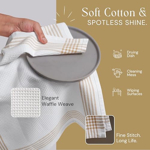 Image of Waffle White & Beige Kitchen Dish Towels 4 Pack, 100% Cotton, 16x26 inches, Durable Dish Cloths Set, Quick Dry Kitchen Rags, Everyday Use Cooking and Cleaning Hand Towels, Bar Towel