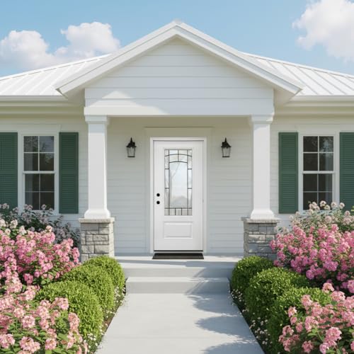 Image of 36 inch x 80 inch Fiberglass Exterior Front Door, Left-Hand Inswing, Exterior Doors for Home Entry with Frosted Glass for Privacy, LVL Stile Construction, Knock-Down Kit with Brickmould, Decorative Glass
