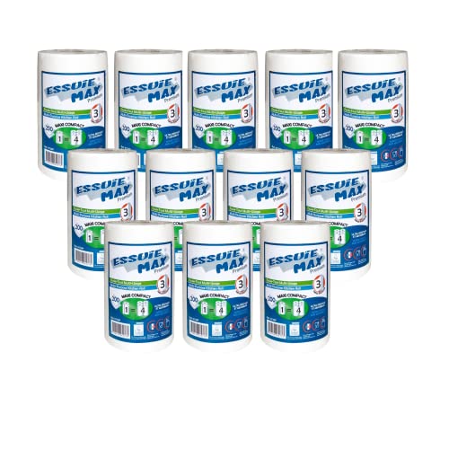 DSTOCK60 - Lot de 12 bobines essuie-tout multi usage maxi compact - 1 Rouleau=4 rouleaux - Bobine essuie main gaufre devidage central - 3 plis pure ouate -...