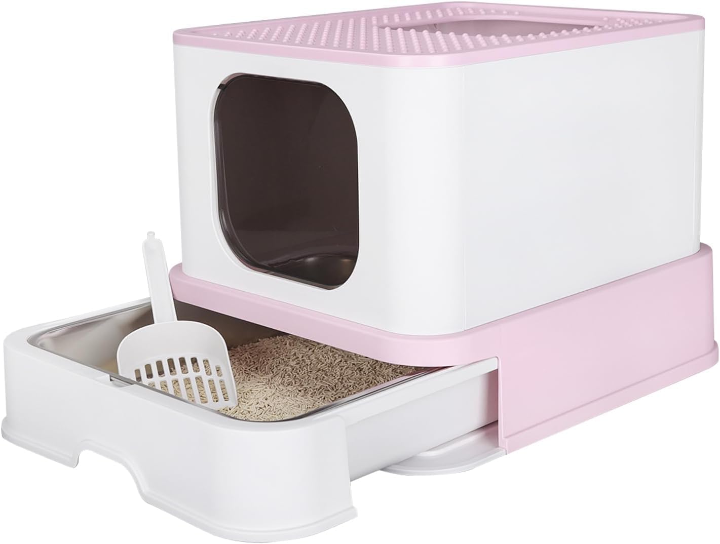 RIZZARI Enclosed Cat Litter Box with Lid, Large Foldable Litter Box with Litter Scoop, Top Entry Cat Toilet for Kittens and Big Cats (Pink,Stainless Steel, X-Large)