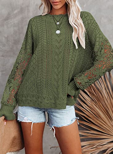 Image of Dokotoo Womens Crewneck Crochet Lace Long Sleeve Hollow Out Cable Knit Sweaters Pullover Tops