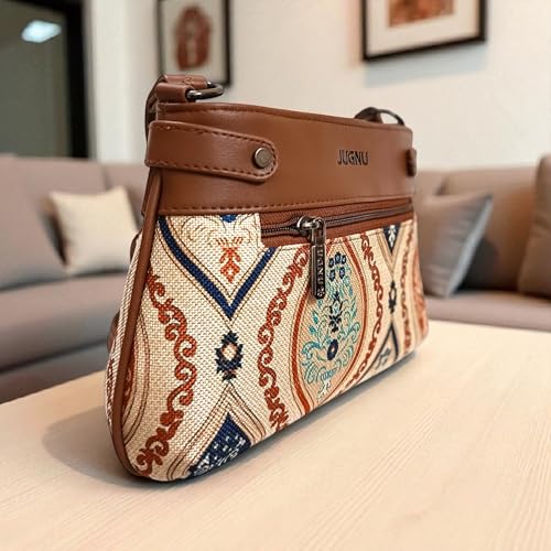 Image of JUGNU Sling Bag for Women, Jute Fabric, Crossbody Style, Slim Design, Multicolour, Medium Size, Lightweight, Adjustable Strap, Zipper Closure, 5 Pockets