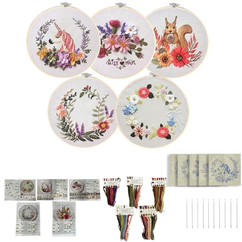 Image of GOGLAM Embroidery Kit for Beginners, 5 Set Embroidery Starter Kit Flowers for Adults, DIY Punch Needle Kit with Flower Wreath Animal Pattern, Hoop, Needle, Hand Embroidery Kit
