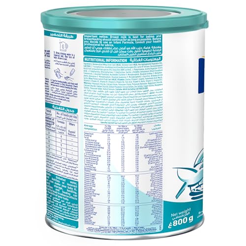 تركيبة حليب نان 1 اوبتي برو من نستله للأطفال بعمر يوم واحد إلى 6 أشهر، علبة قصدير، 800 جم