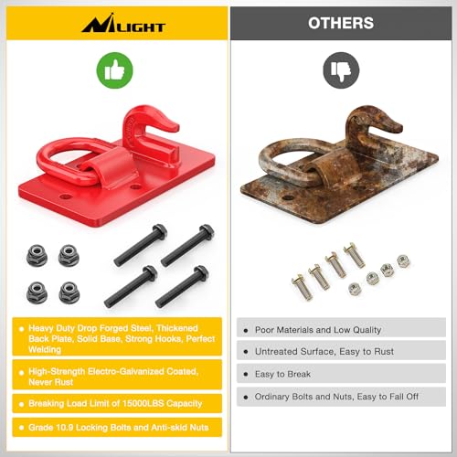 Image of Nilight 2Pcs 8.5 inch x 4.2 inch Heavy-Duty Tractor Bucket Hooks with Tie-Down Ring Max 15,000 lbs Bolt-On Grab Hooks with Back Plates for Trailer, RV, UTV, Truck, Grade 70 Forged Steel Red