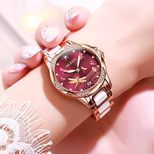 Image of OLEVS Lady Watch Automatic Fashion Bracelet Set Ceramic Analogue Diamond Elegant Dress Stainless Steel Date Rose Gold Wrist Watch for Women, Wine Red, strap