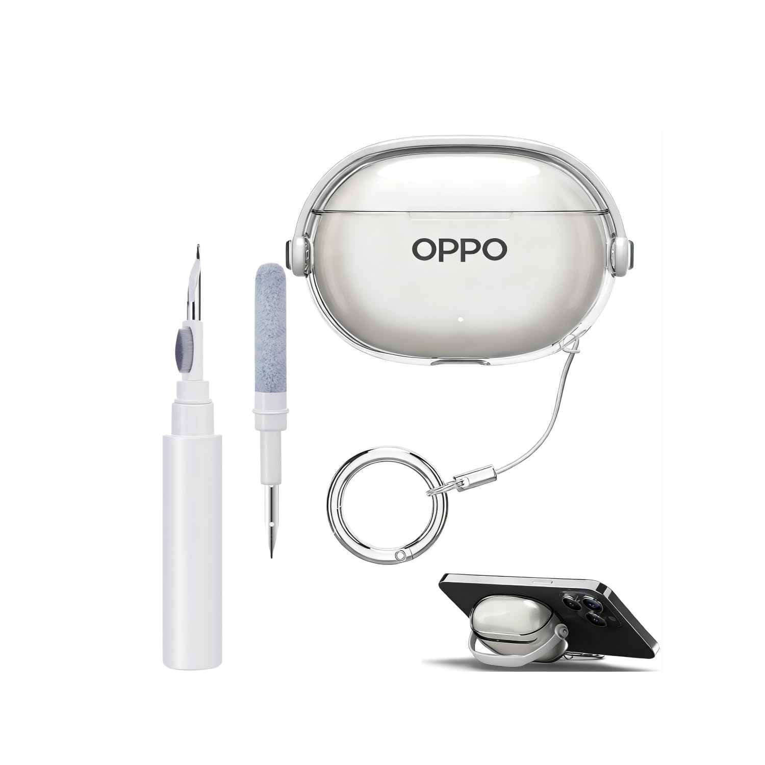 for OPPO Enco Air4 Pro Case, Clear Soft TPU Protective Cover with Carabiner Clip & 3-in-1 Cleaning Tool Kit, Shockproof Skin for OPPO Enco Air4 Pro(2 Color) (Clear)