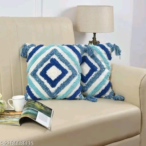 Image of Cushion Cover Pack of 4 (16x16 Inches) | Cotton Textured Decorative Throw Pillow Case for Sofa Bed Living Room Tufted Cushion Cover with Tassels (Blue Dimond)