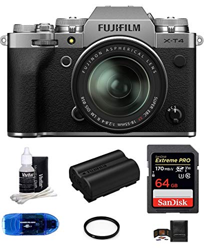 Fujifilm X-T4 Mirrorless Digital Camera with XF 18-55mm f/2.8-4 R LM OIS Lens (Silver) Bundle, Includes: SanDisk 64GB Extreme PRO SDXC Memory Card, Spare Fujifilm NP-W235 Battery + More (7 Items)