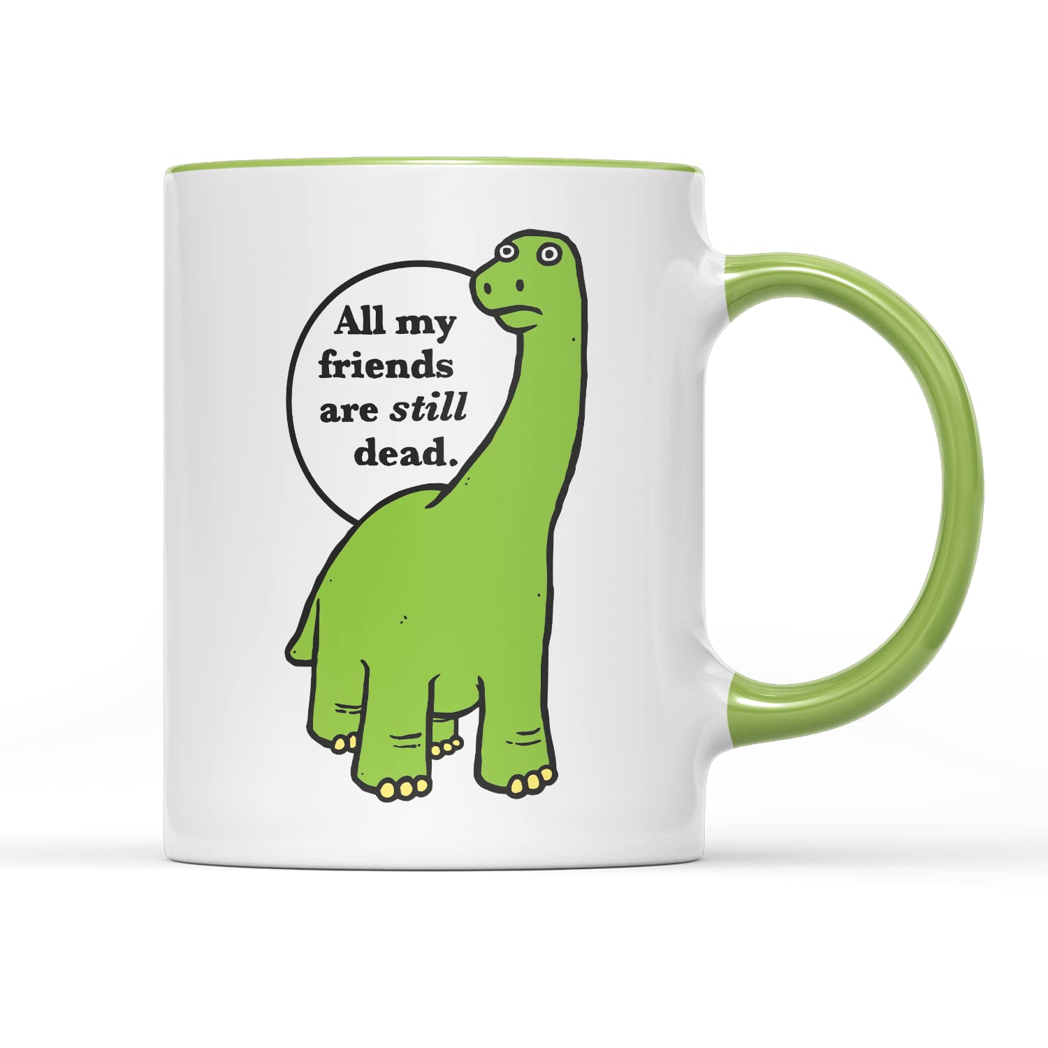 WillowGifts All My Friends are Still Dead Mug Tea Coffee Cup Dinosaur Pirate Tree Cute Dark Comedy Funny Pirate Humor Friends Kids Adult Book Lesson Gift Present (Light Green Handle)