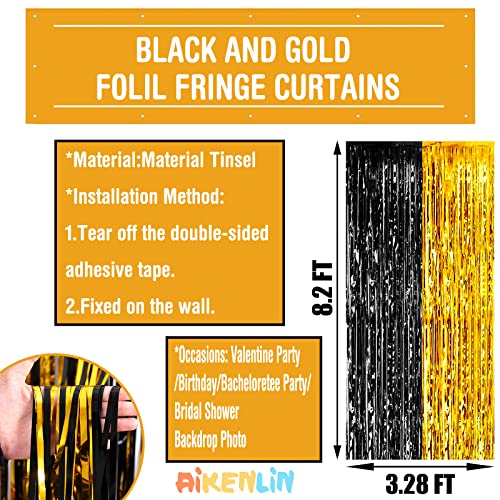 Image of 4 Pack 3.2Ft x 8.2Ft Black Gold Foil Fringe Curtain Backdrop, Metallic Tinsel Foil Fringe Streamers Curtains Background for Photo Booth, Birthday, Wedding, Mardi Gras, Graduation Party Decoration