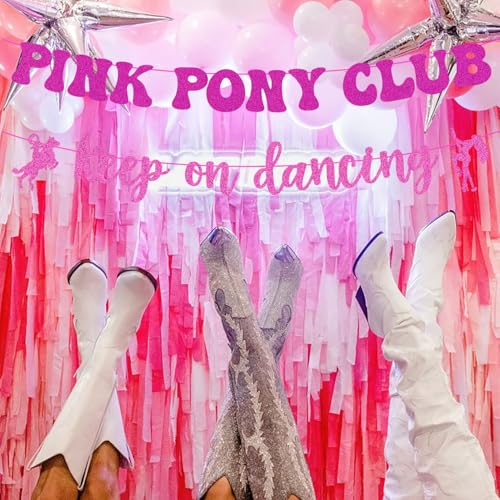 Image of Glitter Pink Pony Club Party Banner, Keep On Dancing Disco Bachelorette Decorations, Horse Theme Birthday Party Sign Banner Background, Western Rodeo Cowgirl Let's Go Girls Party Supplies