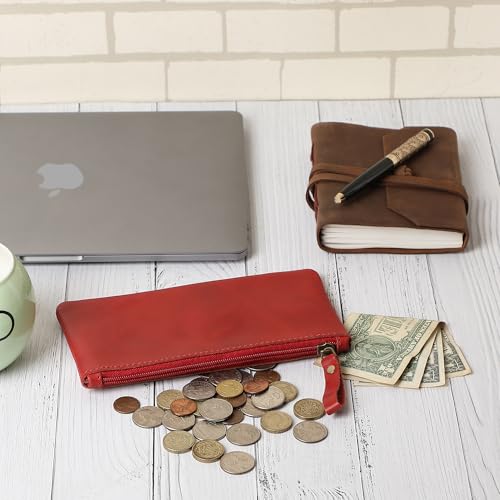 Image of Red Genuine Leather Pencil Case for Men & Women - Small Pen Case (8 inch x 4 inch Inch), Coin Pouch, Cash Holder, Multipurpose Leather Accessory Pouch with Zipper for Pens, Pencil & Currency