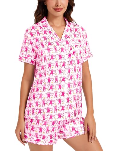 Image of SWOMOG Womens Silk Satin Pajamas Set Short Sleeve Sleepwear Button Down Top and Shorts Loungewear 2 Piece Pjs Set XS-3XL