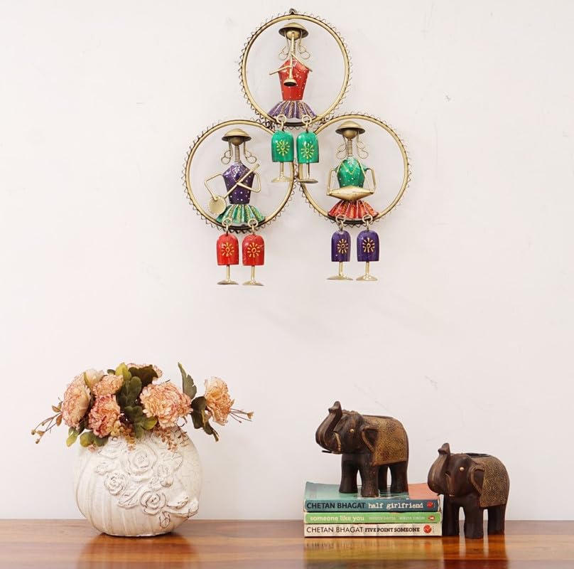 Image of Bharat Art Metal Iron 3 Cap Lady In Ring Figurine Decorative Wall Art Decor for Home Bedroom Living room Office Cafe Decorative | Elegant Artistic Showpiece Sculpture | Gift Item | 14x2x16 Inch | W324