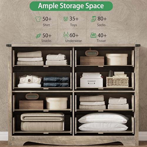 Image of Dresser for Bedroom with 8 Drawers, 54 inch Wide Wood Chest of Drawers with Deep Drawers & Mental Handle, Modern Dresser TV Stand, Wooden Closet Storage Organizer for Living Room, Hallway, Entryway, Grey