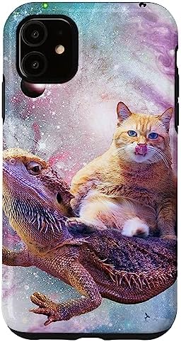 iPhone 11 Space Cat Riding Bearded Dragon Lizard Case