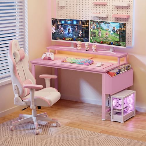 Image of Lufeiya Small Girls Desk with Power Outlets and LED Lights, 32 Inch Gaming Desk Table with Charging Station, Home Office Computer Desks with Monitor, Pink