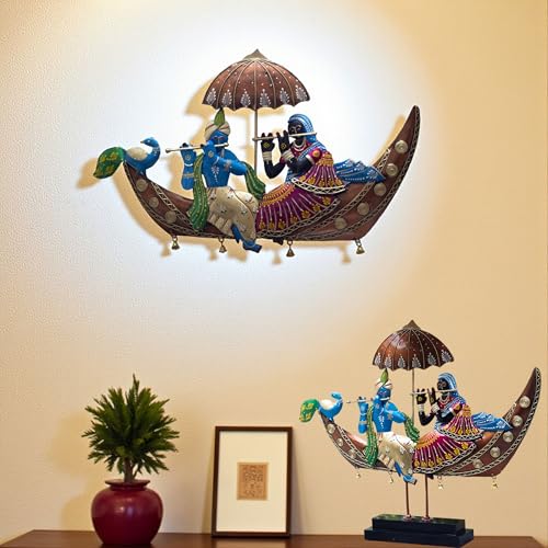 Image of KRAFTSKALA Radha Krishna on Boat Showpiece - 2-in-1 Wall Hanging & Tabletop Iron Metal Decor with Wooden Base | 22 Inch Handcrafted Figurine for Living Room, Diwali Gifting