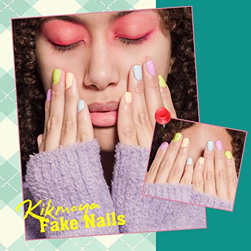 Kikmoya Nude French Tip Nails Press On Medium Square Colorful Swirl Fake Nails With Butterfly Star Design Stick On Nails For Women And Girls 24Pcs Pink Glossy Acrylic Artificial Full Cover False Nails #TOP6