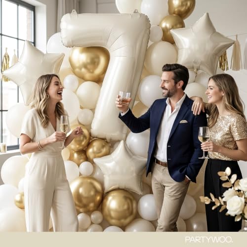 Image of PartyWoo Beige Number 7 Balloon 40 Inch 25pcs White Sand Foil Star Gold
