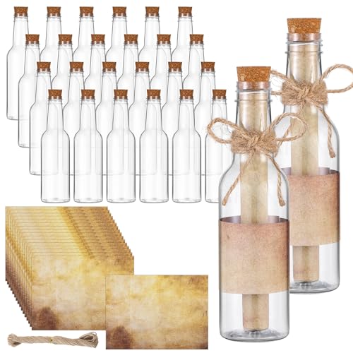 Baderke 24 Pcs 5.6 oz Message Bottles with Letter Printer Paper Plastic Bottles & Corks Twines for Message Invitations Birthday Wedding Baby Shower DIY Crafts Gift Party Favors (Vintage)