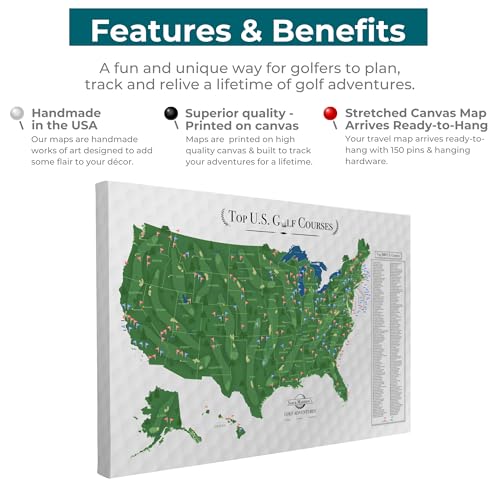Image of Push Pin Travel Maps Top 200 Golf Courses USA Canvas - Personalized Golf Course Tracker with Pins, Framed Golf Wall Decor - Gallery Wrap - 24 inch x 36 inch