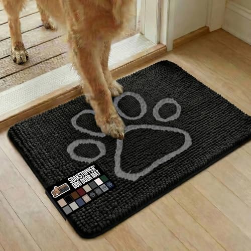 GORILLA GRIP SoakSTOPPER Dog Door Mat, Machine Washable Rug Absorbent Doormat Captures Moisture Mud Dirt, Quick Dry Soft Chenille Entryway Rugs Indoor Entrance Mats for Dog Paws, 24x17 Black White
