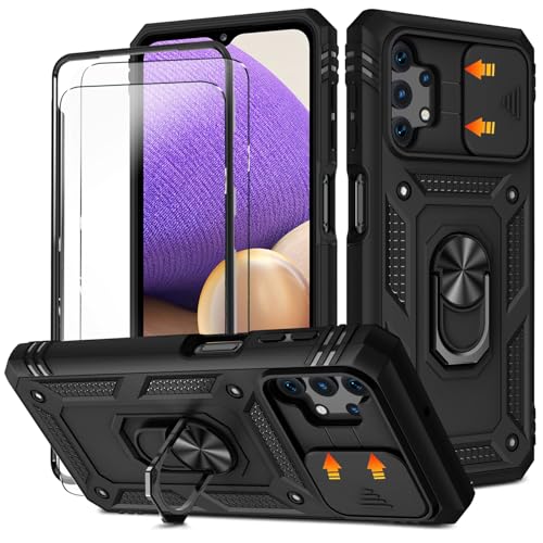 YmhxcY for Samsung A32 Case with Camera Cover Slider 2*Screen Protectors Build in 360Rotating Ring Kickstand Military Grade Protective Case for Samsung Galaxy A32 6.5-Black