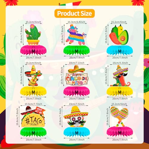 Image of 9 Pieces Cinco de Mayo Festival Honeycomb Centerpieces Table Decor, Mexican Fiesta Vibrant Cactus, Pinata, Taco and Sombrero Pattern Table Topper Ornaments Signs, Holiday Party Decorations