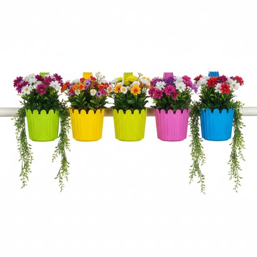 Image of Premium Multicolour Railing Planter with Hook - Durable Plastic Hanging Flower Pot for Balcony, Fence Design Gamla for Indoor /Outdoor Plants, Herbs & Creepers (5, Multicolour)