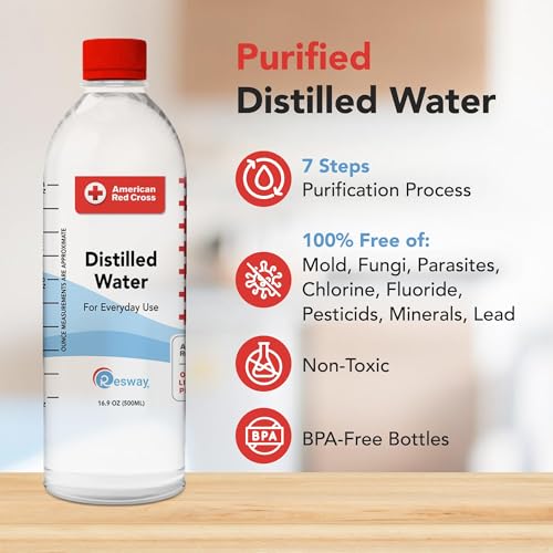 Image of Resway American Red Cross Purified Distilled Water Bottles for Baby Formula, Humidifiers, Aquarium Care & General Multi-Use, Travel Size Distilled Bottled Water, For Everyday Use 16.9 oz (24 Pack)