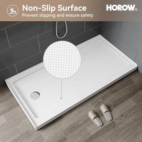 Image of HOROW 60 inch x 30 inch Shower Base, Left Drain Shower Pan, Low Profile Acrylic Base with Reinforced Fiberglass, Non-Slip Surface, Stainless Steel Drain Cover, Leak-Resistant for Bathroom