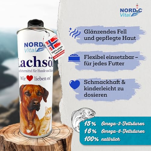 NordicVital Premium Lachsöl Hunde & Katzen 1000ml Weißblechdose – 100% Natürliches Fischöl/Fish Oil aus Norwegen Lachs – Reich an Omega 3&6 Fettsäuren – Barf Öl abgefüllt in Deutschland