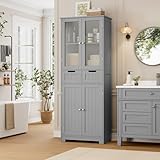 HORSTORS 67' Tall Bathroom Storage Cabinet, Freestanding Linen Cabinet with Glass Door and Shelves, Kitchen Pantry with 2 Drawers for Bathroom, Living Room, Dining Room, Grey
