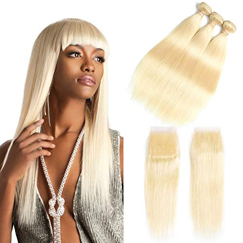 613 Blonde Hair Brazilian Straight Hair 3 Bundles With Closure 100% Honey Blonde 9A Human Virgin Hair Weave with 4x4 Lace Closure Free Part (20 22 24+18 inches, 613)