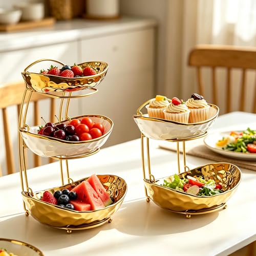 YYW Ceramic Fruit Bowl for Kitchen Counter - 3 Tier Ceramic Fruit Rack with Metal Fruit Stand, Fruit Basket for Snacks, Nuts, Cakes, Desserts, Bread, Candy Storage (Gold, Gold-Rimmed) by YYW - Used condition - Image 9