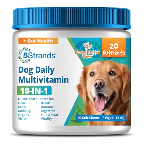 5Strands Dog Multivitamin Chews, 10-in-1, Vitamins & Postbiotics, All Ages & Breeds - Digestion, Brain, Organs, Heart, Mobility, Vision, Skin & Coat, Immunity - Dog Supplement (Peanut Butter, 90ct)
