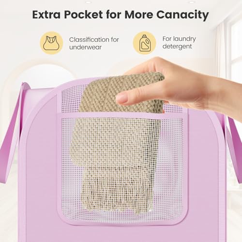 Image of Polyester Strong Mesh Pop-up Laundry Hamper, Quality Pop Up Hampers for Laundry with Durable Handles Solid Bottom High Carbon Steel Frame, Easy to Open and Fold Flat for Storage(Light Pink)