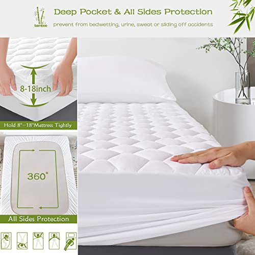 GRT Full Mattress Protector Waterproof, Rayon from Bamboo, Cooling Quilted Fitted Mattress Pad, Noiseless Waterproof Mattress Cover, fits up to 18" Deep, Dust Proof White by GRT - Image 4