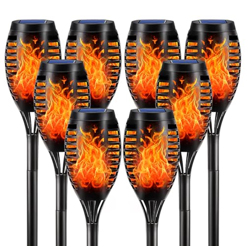 LQWELL® Lampe torche solaire pour jardin extérieur 8 pièce 12 LED Lampe solaire avec effet de flamme réaliste IP65 Torches de jardin étanches Lampes solaires (Blanc chaud 8 pièce)