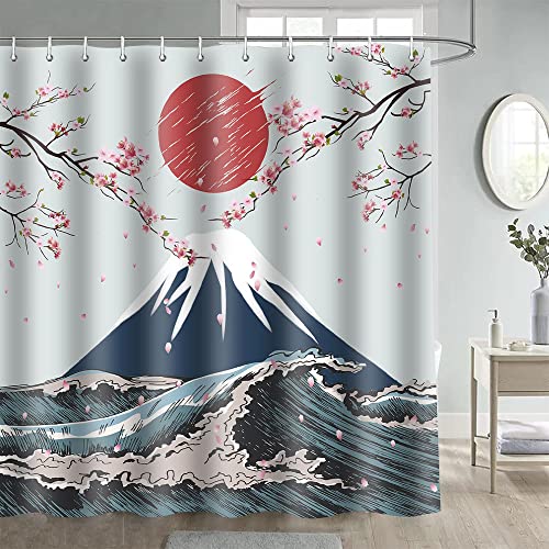 Gdmoon Japanese Shower Curtain Anime Japanese Cherry Blossom Bathroom Decor Asian Oriental Decor Shower Curtains Set, 72X72In, Blue Red, Ylwhgd1203 #TOP18