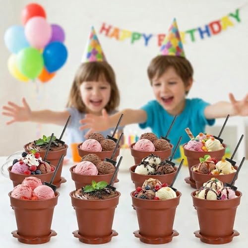 Image of DOITOOL 20 Pack Flower Pot Dessert Cup with Lid and Shovel Spoon, 6.7 oz Plastic Cake Cups Small Flower Pots Chocolate Pudding Cups Yogurt Containers Holder for Ice Cream, Dirt Cake, Mousse DIY