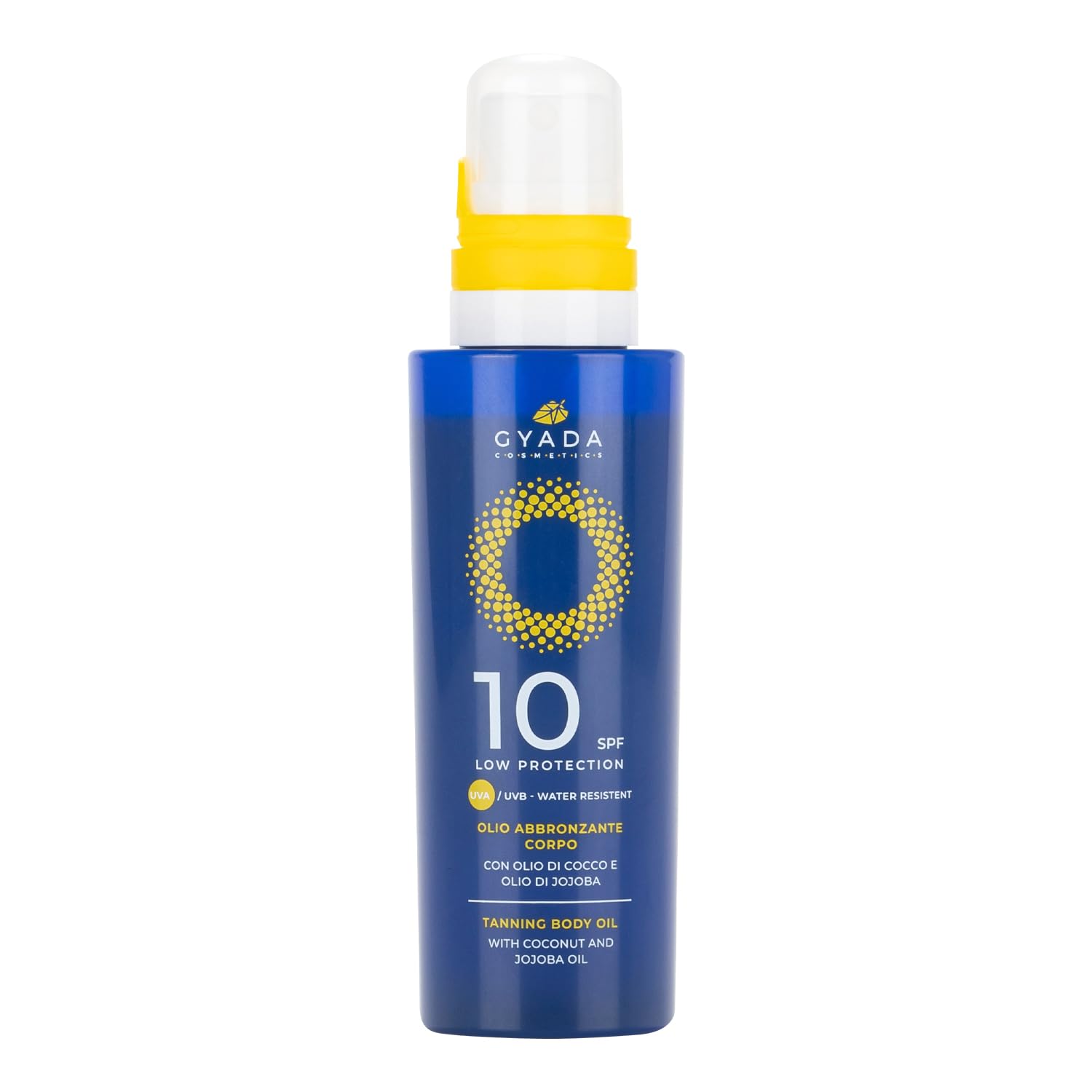 GYADA COSMETICS Olio Abbronzante Solare SPF10 Protezione Bassa, Adatto a Pelli Scure e Abbronzate, ad Assorbimento Rapido, per un'Abbronzatura Intensa, con Olio di Jojoba, Cocco e Carota, 150 ml