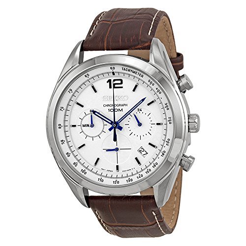 ZCR[ Seiko Chronograph White Dial Stainless Steel Brown Leather Mens Watch SSB095 j Y rv ysAiz